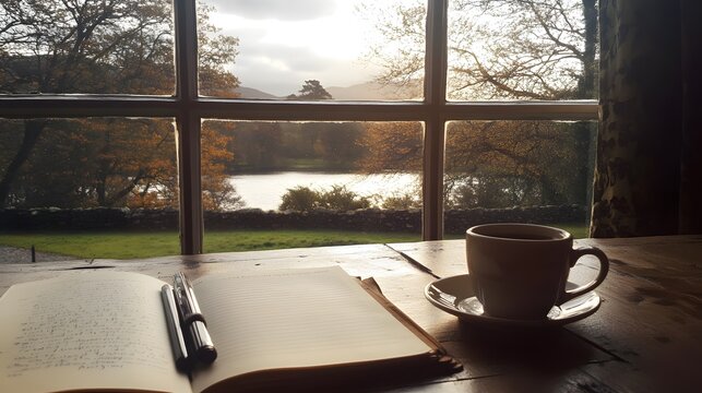 Journal open on a table next to coffee and a peaceful morning view ready for a fresh start
