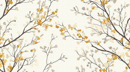 A seamless pattern of delicate branches with small flowers in shades of mustard, brown, and grey on an off-white background. 