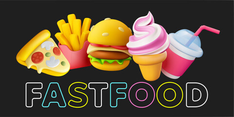 Vector illustration of realistic set of fast food icon with neon color word. Burger, ice cream, french fries, pizza and cola soda. 3d cartoon style design of fast food collection