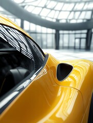 Close up of yellow sports car in modern showroom. Luxury and speed concept.