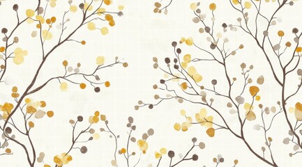 A seamless pattern of delicate branches with small flowers in shades of mustard, brown, and grey on an off-white background. 