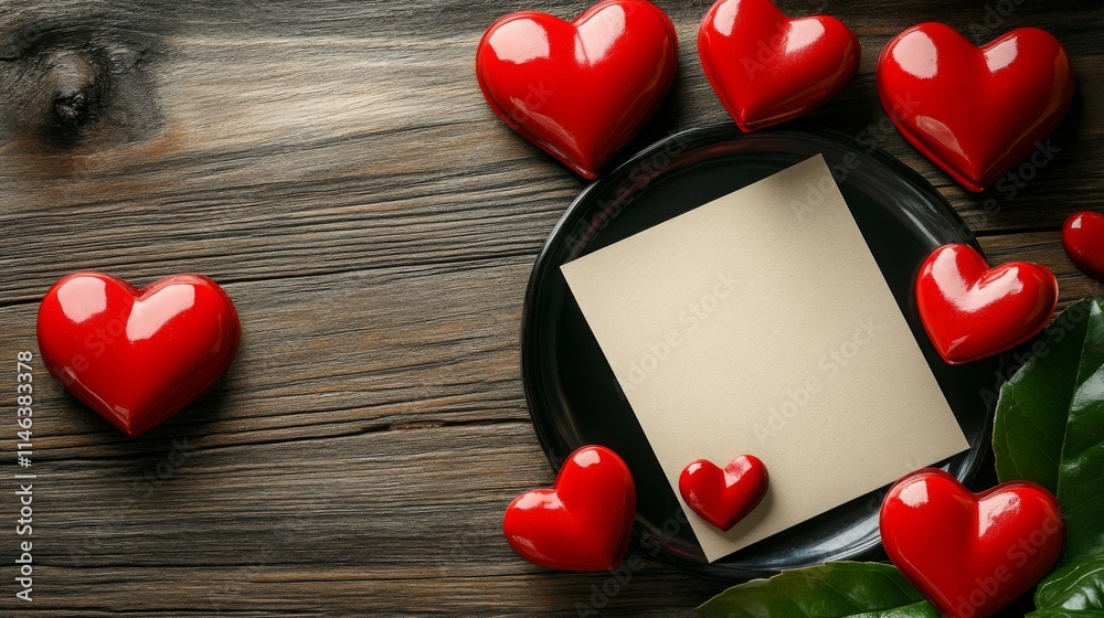 Poster numerous shiny red hearts surround a blank note card placed on a black plate, adding a charming touc