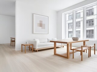 A modern, uncluttered studio with ample natural light and furniture in neutral shades.