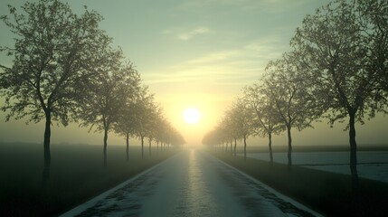 A road leading toward the rising sun lined with trees symbolizing a journey toward a fresh start