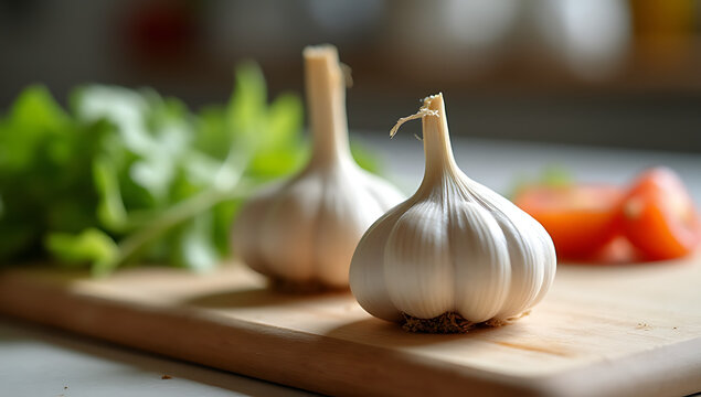 Garlic is paired with a blurred vegetable image on a chopping board in a typical kitchen environment for food photography concepts._00003_