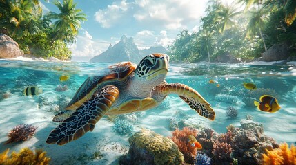 Fototapeta premium Sea turtle swimming in serene ocean with mystical smoky backdrop