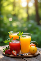 Fresh fruit and vegetable drinks are displayed on a wooden table in a lush garden morning setting for body rejuvenation._00001_