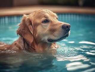 Golden retriever enjoys a refreshing swim in a backyard pool on a sunny afternoon surrounded by vibrant landscaping
