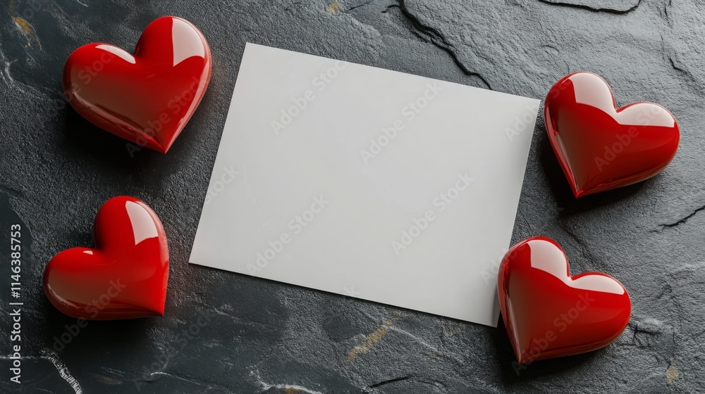 Poster four glossy red hearts are positioned around a blank card on a textured dark surface, ideal for writ