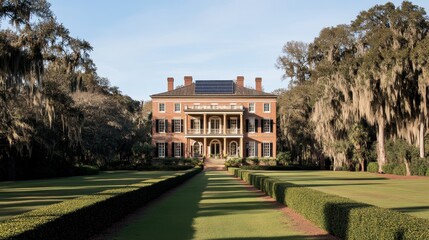 Obraz premium Beautiful Classic Brick House in Charleston, South Carolina with Solar Panels: Eco-Friendly Living, Traditional Architecture, and Sustainable Design