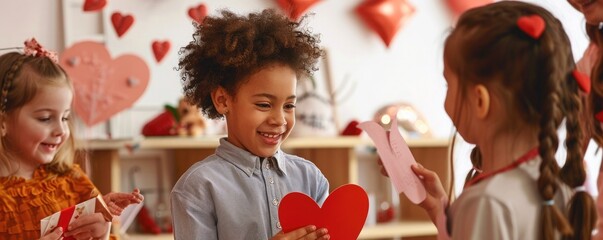 Kids exchanging Valentine's Day cards with joyful smiles in a festive classroom setting.