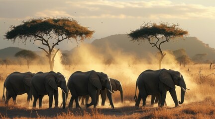Herd of Elephants in the Savannah  .