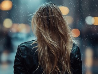 Woman with long hair stands alone in a rainy city street, illuminated by soft lights reflecting on wet surfaces during a quiet evening