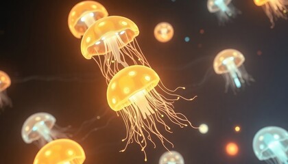 4K HD Wallpapers Glowing Jellyfish-Like Creatures Floating In Space, With Trails Of Light Following. Desktop Wallpaper HD. HD Backgrounds