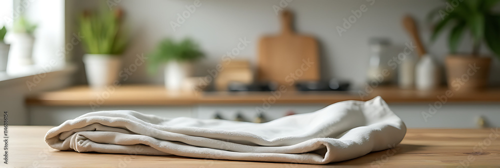 Poster fabric lies on a wooden table top in a blurred kitchen background suitable for product display and d