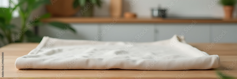 Poster fabric lies on a wooden table top in a blurred kitchen background suitable for product display and d