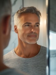 Mature man smiling while looking at his reflection in a modern bathroom mirror during morning routine