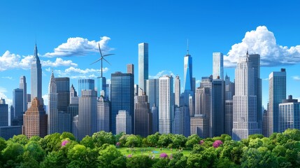 Naklejka premium Community-led renewable energy initiatives are transforming urban areas, with rooftop solar panels harnessing sunlight, wind turbines rising above skyscrapers, and hydroelectric generators positioned