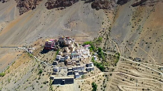 Aerial view of kee monastery is a biggest tibetan buddhist monastery located at an altitude of 4,166 m close to spiti river in spiti valley of himachal pradesh, India.
