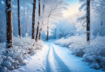 enchanting frost dusted forest path featuring majestic snow covered trees under clear winter sky, landscape, nature, beauty, foliage, scenery, outdoors