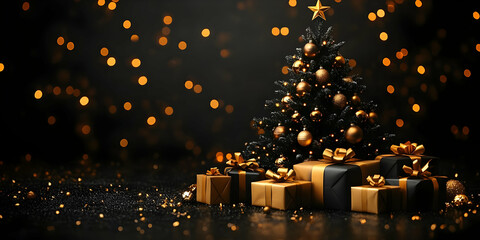 Elegant Black & Gold Christmas Tree Decorated with Presents