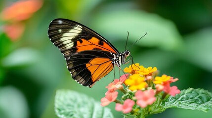Naklejka premium A vibrant butterfly with black, orange, and white wings delicately rests on a cluster of yellow and pink flowers. The blurred green background enhances the butterfly's striking colors.