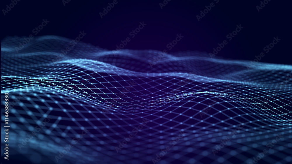 Fototapete Futuristic abstract mesh. Wave with the connection of dots and lines. 3D rendering.