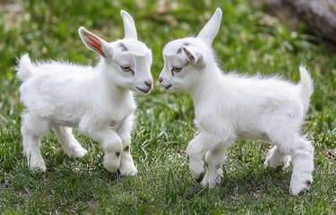 Obraz premium Two playful white goat kids frolic on fresh green grass during a sunny day in a rural setting, showcasing their lively nature and curiosity