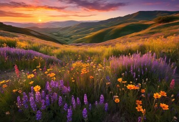 Obraz premium breathtaking moody landscape showcasing vibrant wildflowers under gentle evening light rolling hills background, nature, sunset, field, flora, colors