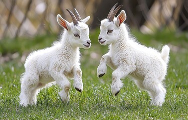 Fototapeta premium Two playful young goats frolic in a green meadow on a sunny day, showcasing their lively energy and curiosity in a natural setting