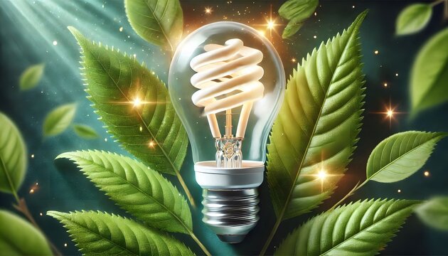 Sustainable Lighting: Energy Saving Bulb with Fresh Green Leaves for an Eco-Conscious Future