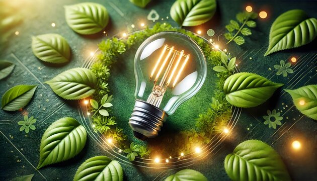 Eco-Friendly Energy Saving Lamp Surrounded by Green Leaves: A Symbol of Sustainability