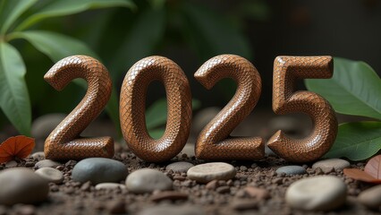 Fototapeta premium The numbers 2025 are made of snakeskin, on a natural background of earth, stones, leaves, new year card