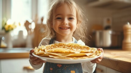 Smiling child holds a plate of freshly made pancakes in a cozy kitchen decorated with bright sunlight and cheerful colors