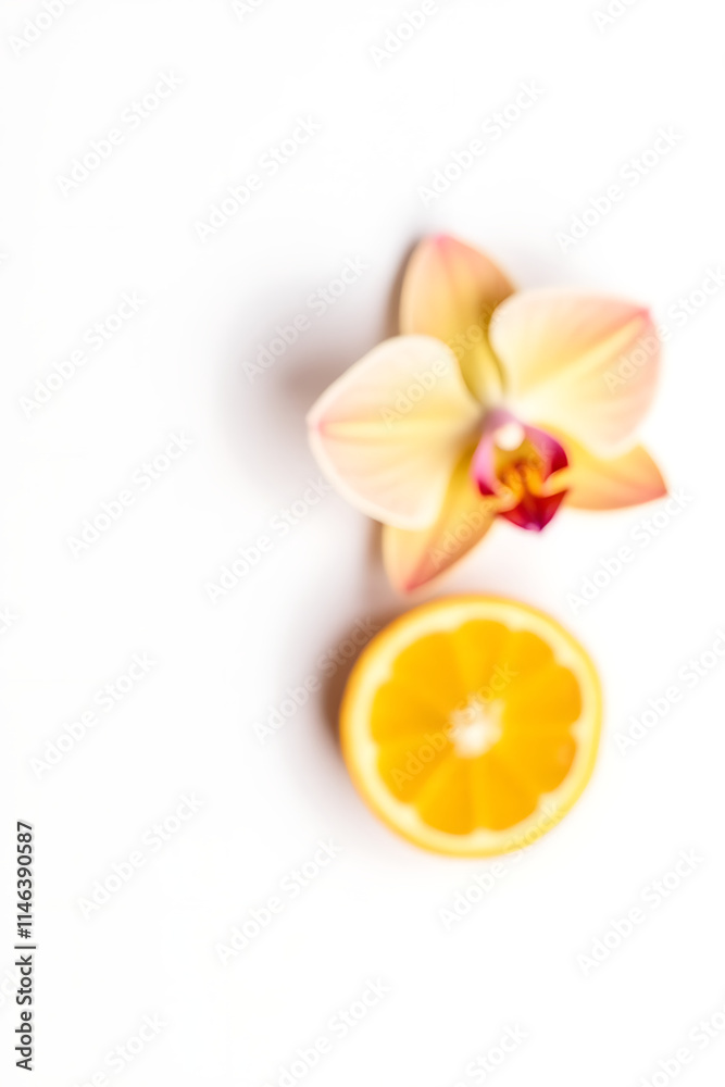 Poster delicate orchid petal is paired with a vibrant orange slice against a clean and simple white backgro