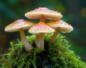 Fototapeta premium Colorful mushrooms growing on a mossy surface in a lush forest during daylight hours highlighting nature's beauty