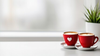 Obraz premium Two Red Coffee Cups with Heart Design and Green Plant in Background