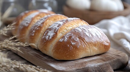 Freshly baked loaf of white bread resting on wooden board