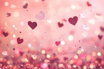 Obraz premium Beautiful Floating Glitter Hearts on Pink Background with Sparkling Bokeh Light for Romantic and Celebration Themes, Perfect for Valentine’s Day and Love Occasions