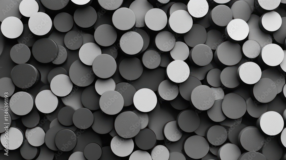 Poster a textured arrangement of circular shapes in varying shades of gray on a dark background.