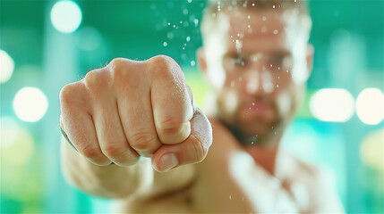 A determined man making a fist, captured in a motivational and empowering pose. The image conveys strength and perseverance.