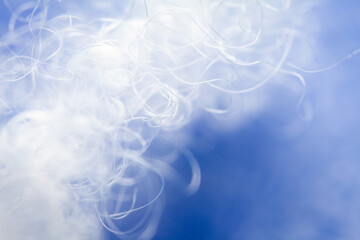 Extreme macro of polyester stable fiber on blue background. Selective focus, shallow depth of field. Abstract dreamy background