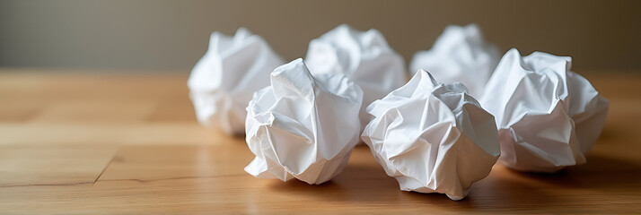 Crumpled paper balls are a creative prop often used to stimulate brainstorming sessions on wooden backgrounds and tables._00001_