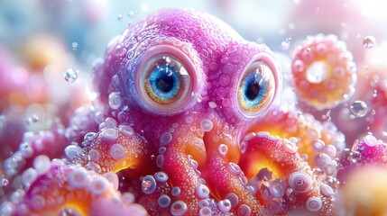 Cute cartoon octopus in underwater scene.