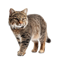 Angled view full body shot of an extremely perfect looking single European Wildcat isolated on a white transparent background