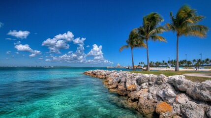 Naklejka premium A beach kissed by the sun, adorned with powdery white sand, crystal-clear turquoise waters, and swaying green palm trees, emanating tropical romance and tranquility.