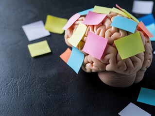 Brain Model with Colorful Sticky Notes on Dark Background