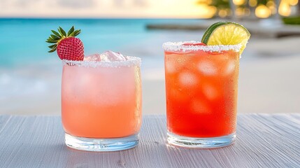 On a beach at sunset, a table holds a frozen strawberry daiquiri and a tropical cocktail, each garnished with lime and sugar-rimmed glasses, with a breathtaking ocean view behind. Image produced