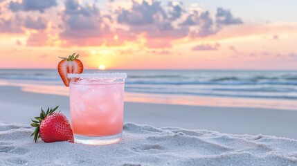 Sunset on a beach features a frozen strawberry daiquiri and a tropical cocktail, both with lime garnishes and sugar-rimmed glasses, set on a table with a stunning ocean backdrop. Image generated