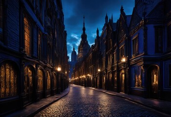 Fototapeta premium dramatic cityscape twilight capturing moody atmosphere intricate shadows under dim lighting, skyline, urban, buildings, lights, night, silhouette